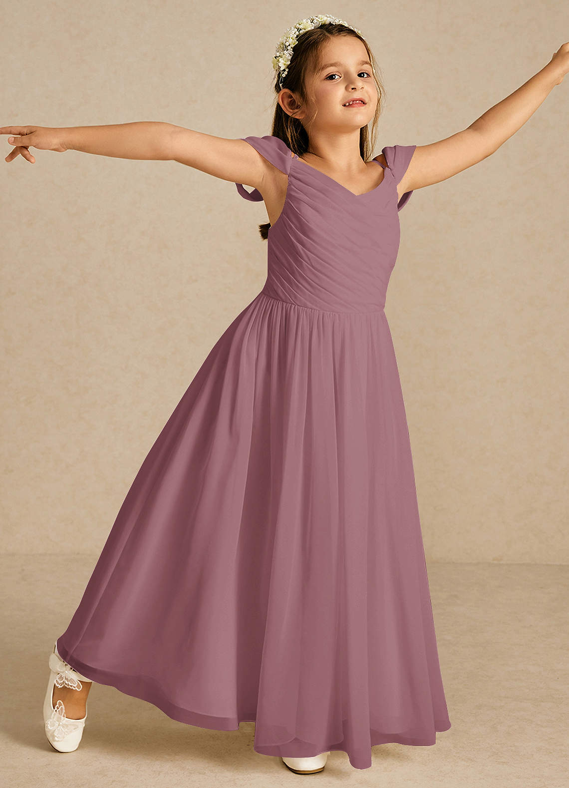 Azazie A-Line V-Neck Tea-Length Chiffon Flower Girl Dresses - Vintage Mauve