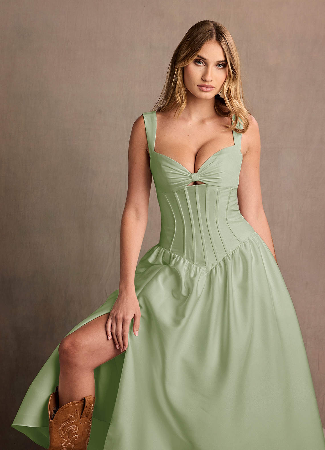 Arwen Light Green Dropped Waist Midi Dress | Azazie CA Arwen Light Green Dropped Waist Midi Dress | Azazie CA