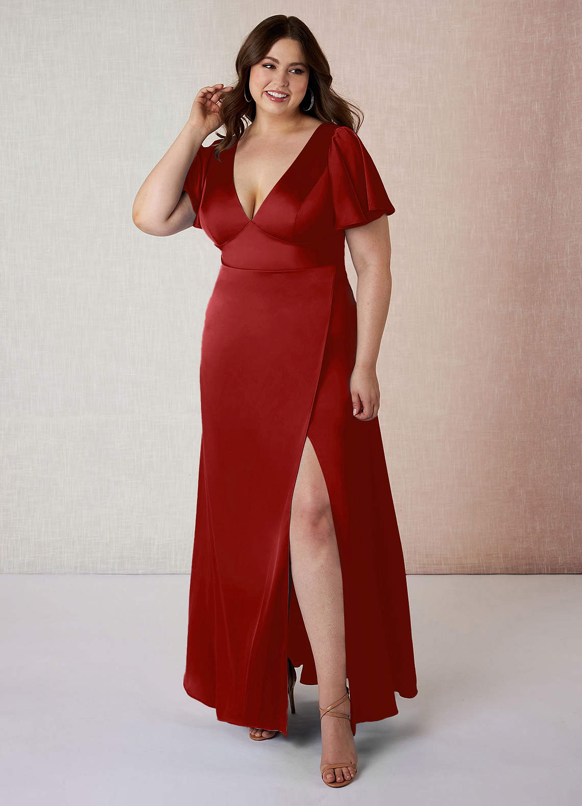 Azazie Lani Bridesmaid Dresses Pomegranate A-Line Flounce Sleeve Stretch Satin Dress image1