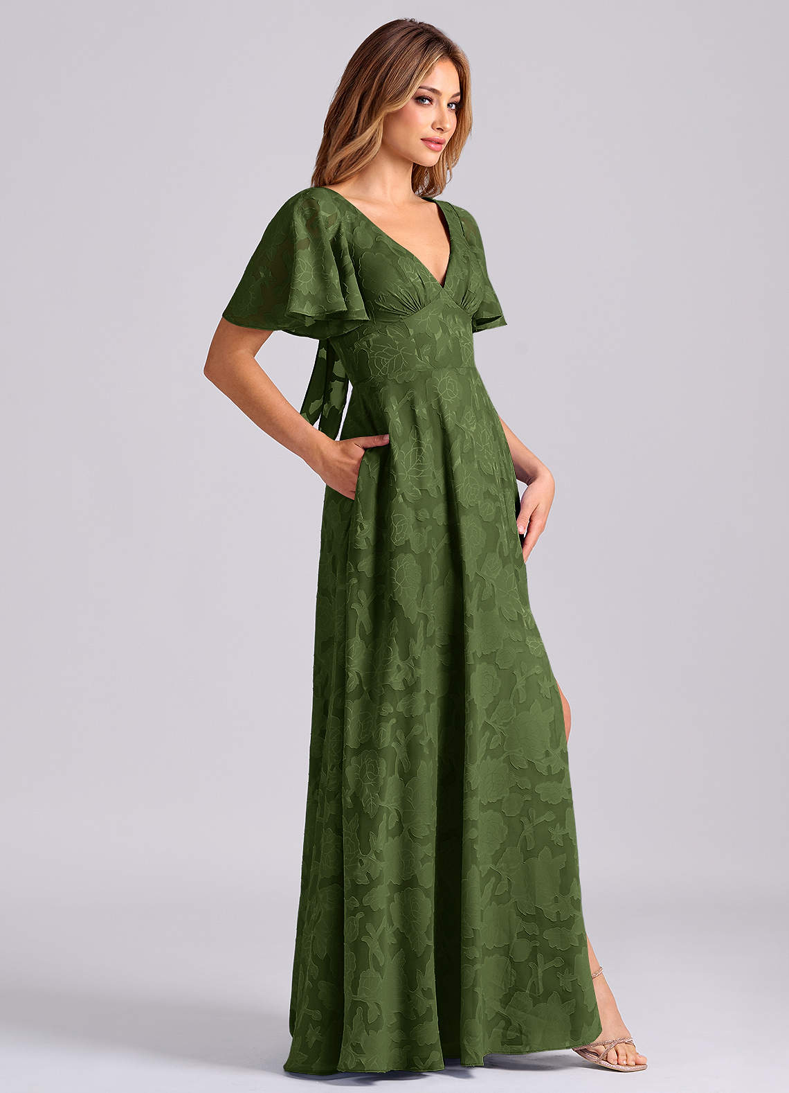Azazie Kimber Bridesmaid Dresses Olive A-Line with Pockets Floral Burnout Dress image2