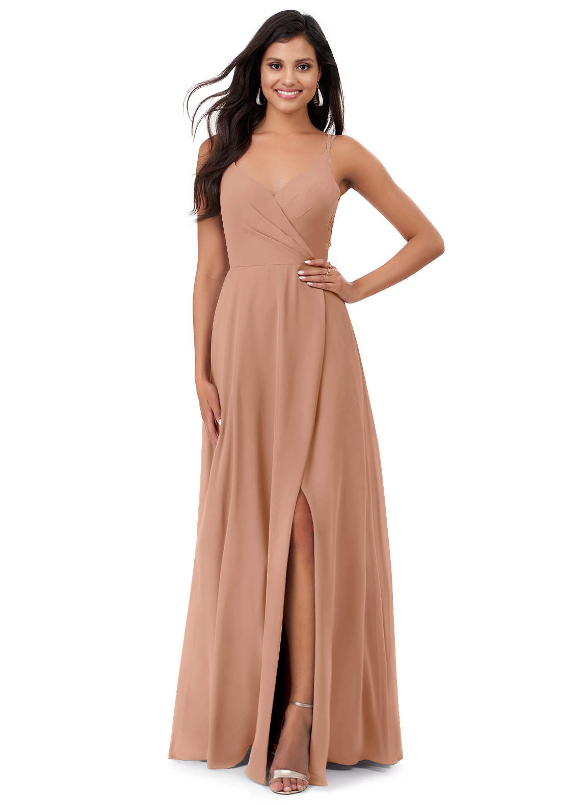 Azazie Lennon Bridesmaid Dresses Champagne Rose A-Line Lace Chiffon Dress image1
