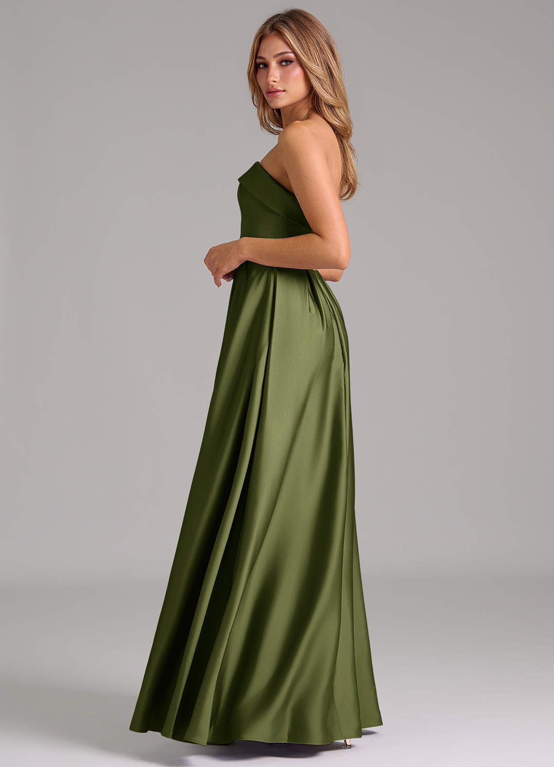 a line strapless bridesmaid dress Azazie Lucienne