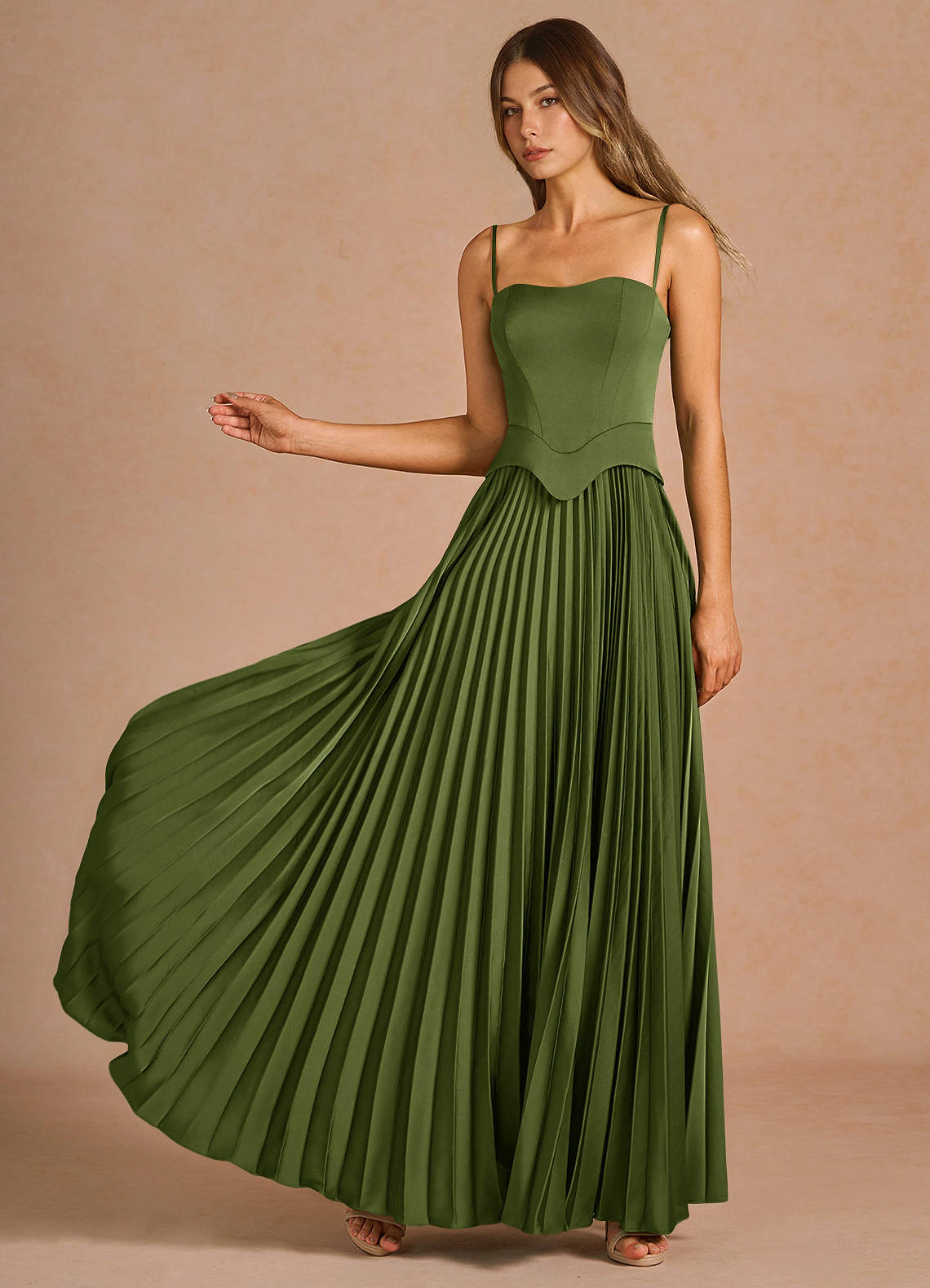 Azazie Plus Size Straight Strapless A-Line Floor-Length Maxi Wedding Guest Formal Dresses in Olive