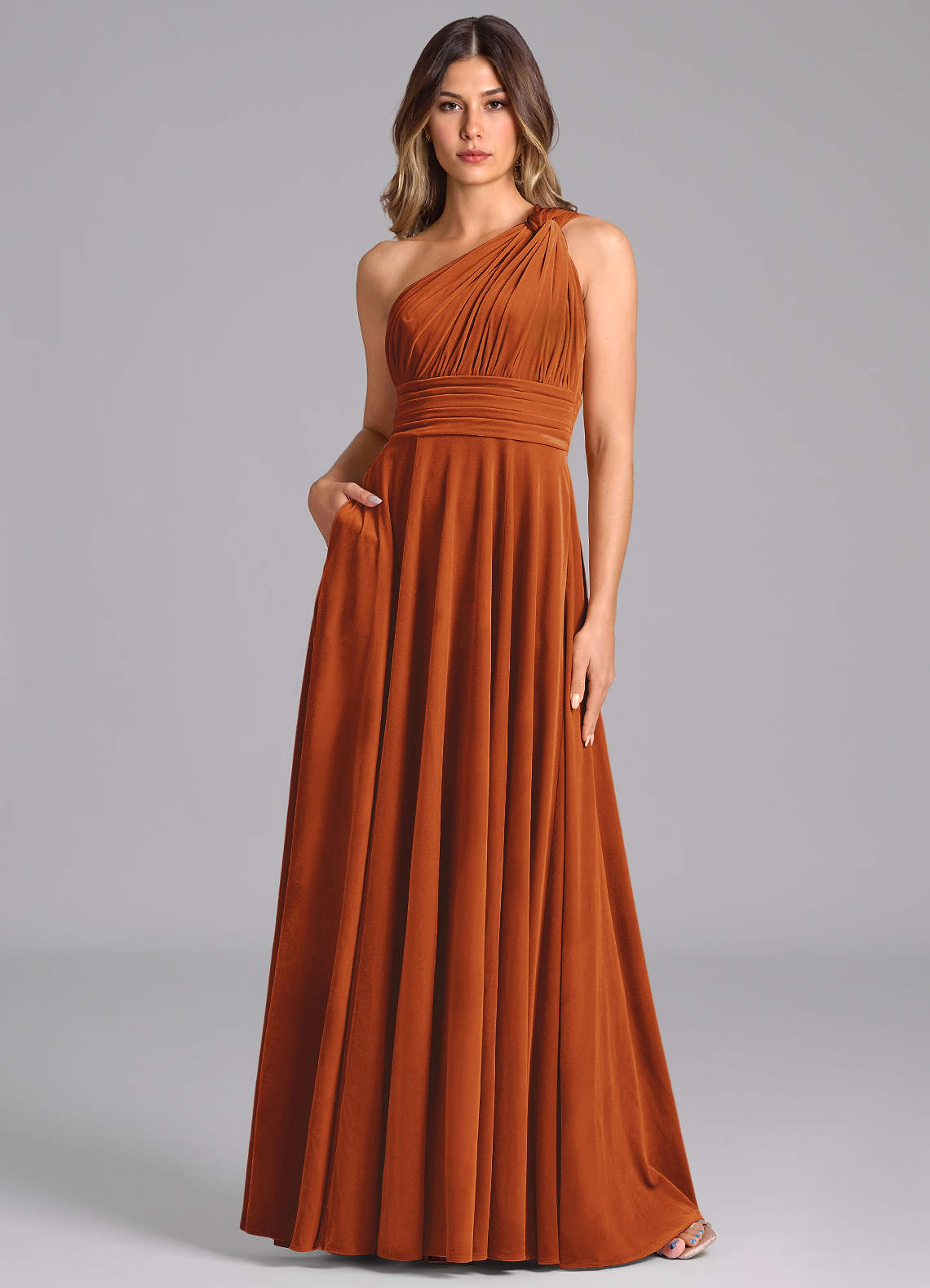 Azazie Charlize Bridesmaid Dresses Burnt Orange A-Line One Shoulder Velvet Dress image1