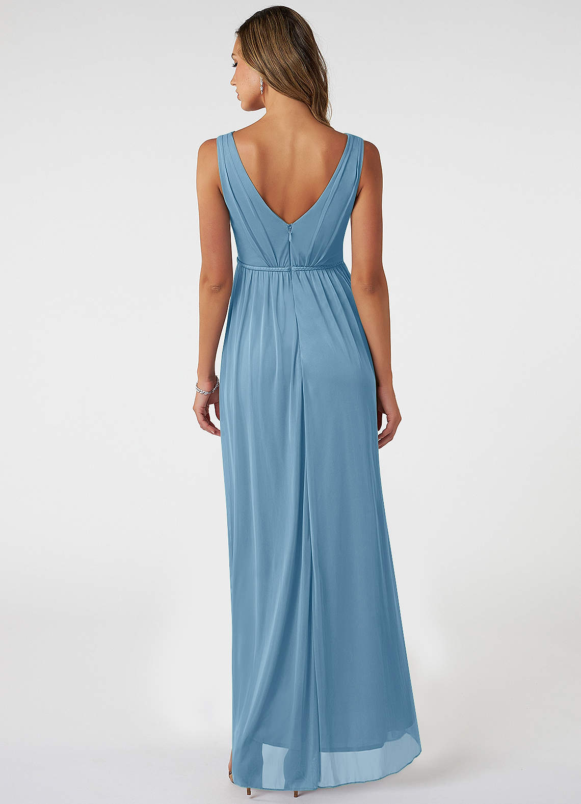 Azazie Tanicia Bridesmaid Dresses Steel Blue A-Line V-Neck Pleated Mesh Dress image1