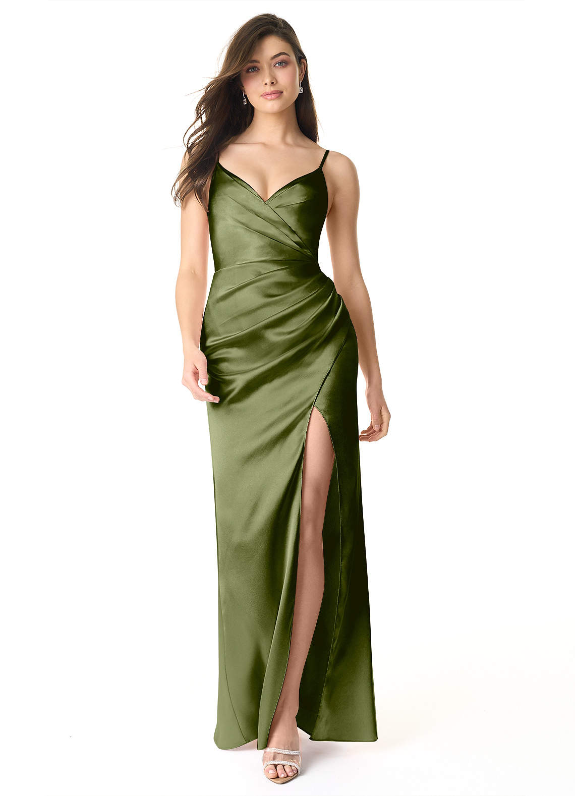 Azazie Sukia Bridesmaid Dresses Olive Mermaid Pleated Metallic Satin Dress image1