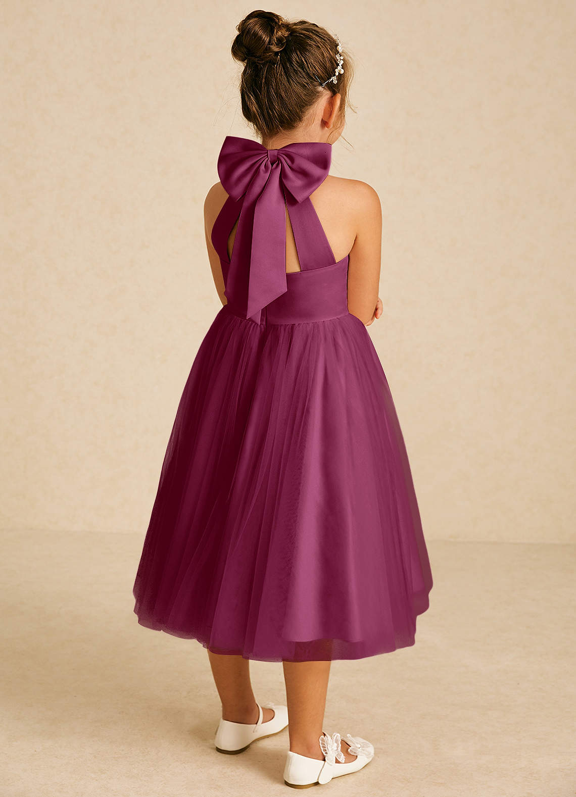 Azazie Dora Blumenmädchenkleider A-Linie Schleifen Tüll Kleid Maulbeerrot image1