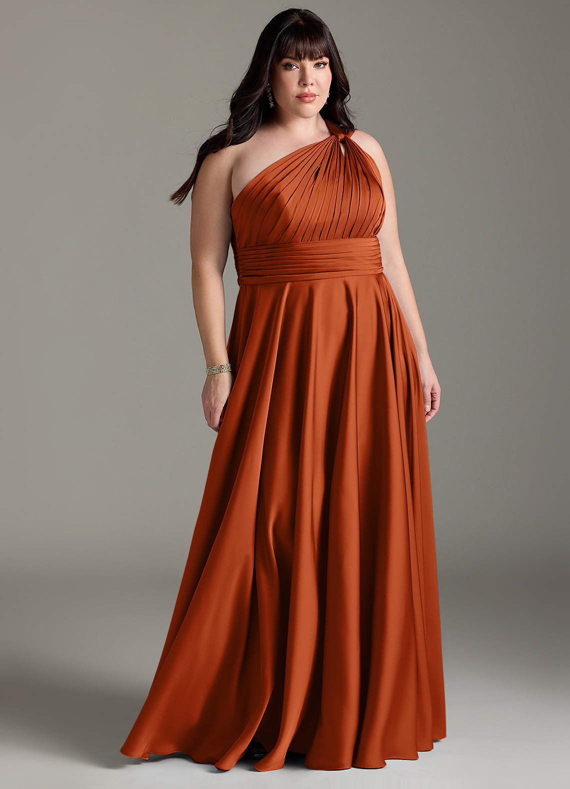Azazie Charlize Bridesmaid Dresses Burnt Orange A-Line One Shoulder Stretch Satin Dress image8