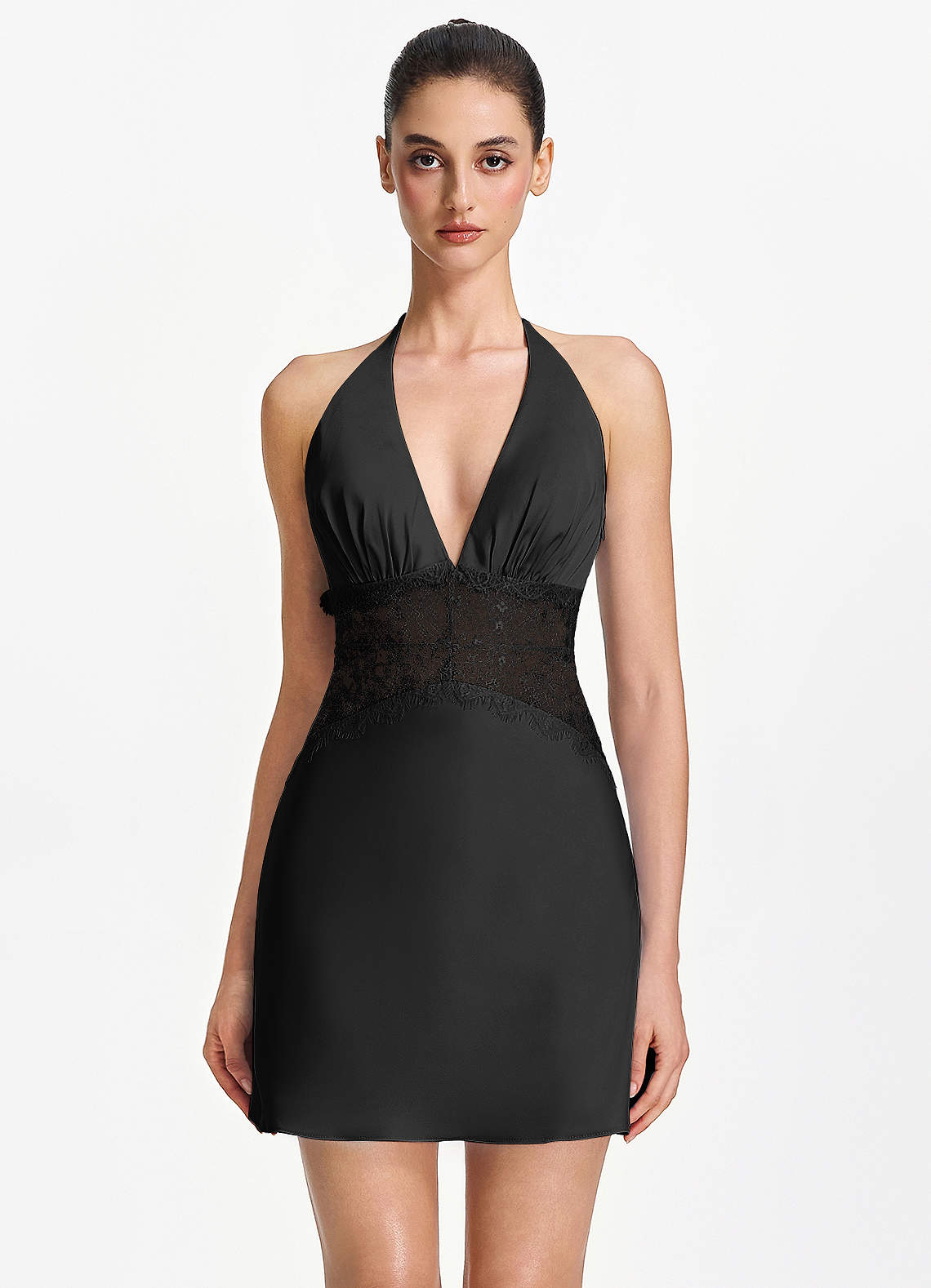 Azazie Black A-Line Short Homecoming Dresses Open Back Lace V Neck