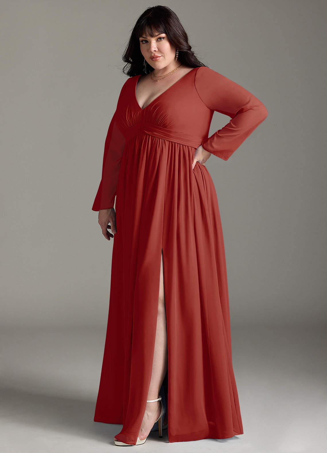 Azazie Teton Vestidos de dama de honra para maternidade Vestido Linha A Manga comprida Comprimento do chão Chiffon image9