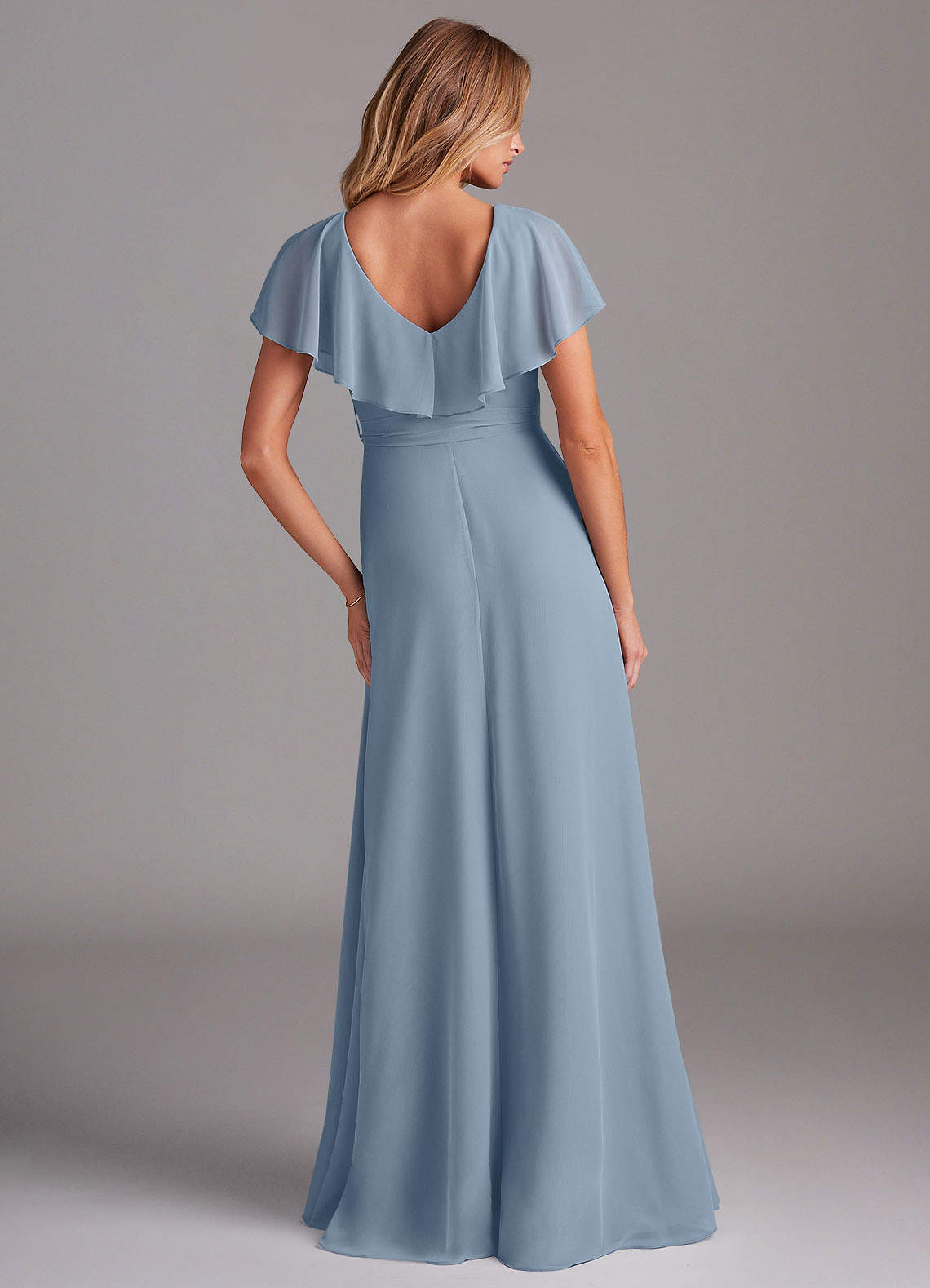 Azazie Lainey At-home Try On Dresses Dusty Blue A-Line with Pockets Chiffon Dress image6