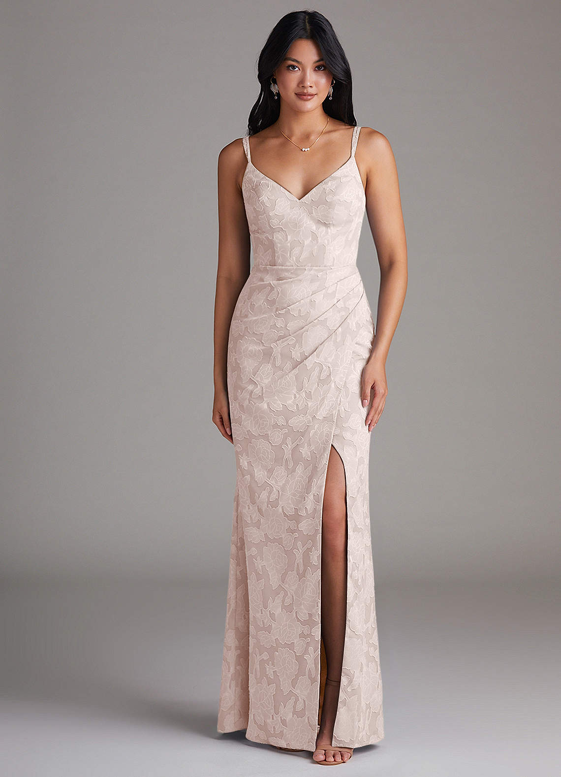 Azazie Leo Bridesmaid Dresses Blushing Pink Sheath Pleated Floral Burnout Dress image1