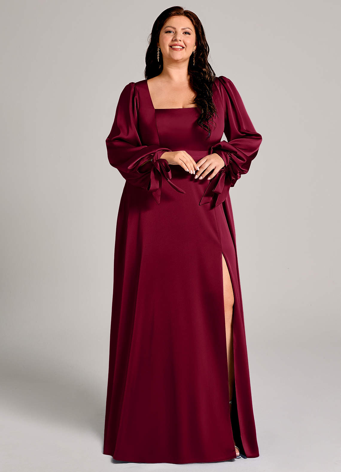 Azazie Leonia Bridesmaid Dresses Burgundy A-Line Long Sleeve Stretch Satin Dress image11