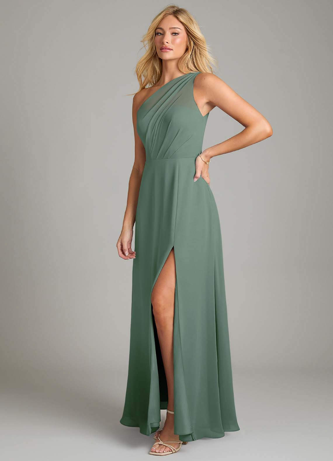 Azazie Phaedra Bridesmaid Dresses Eucalyptus A-Line One Shoulder Chiffon Dress image4