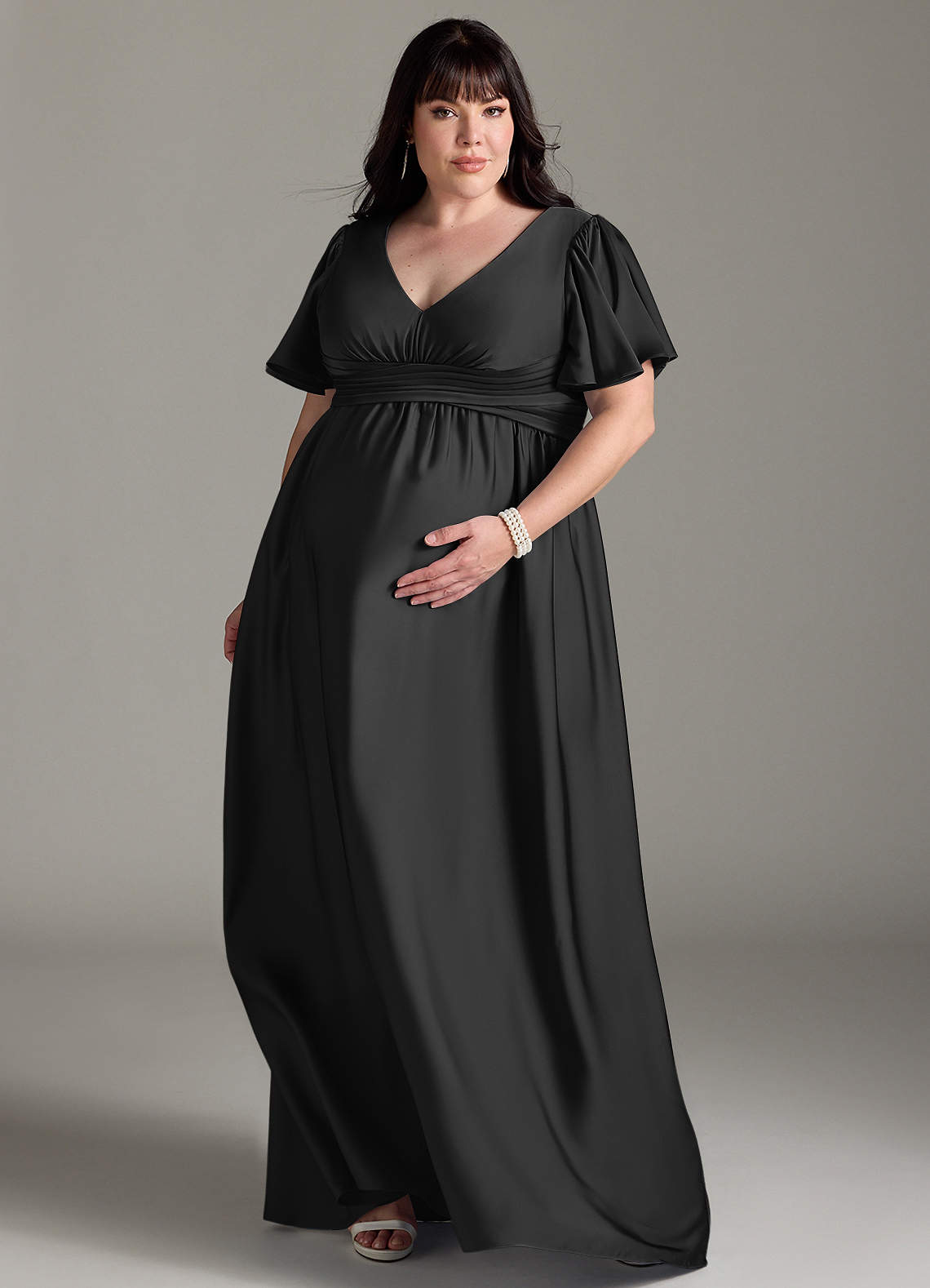 Azazie Verna Maternity Bridesmaid Dresses A-Line Ruched Stretch Satin Floor-Length Dress image1