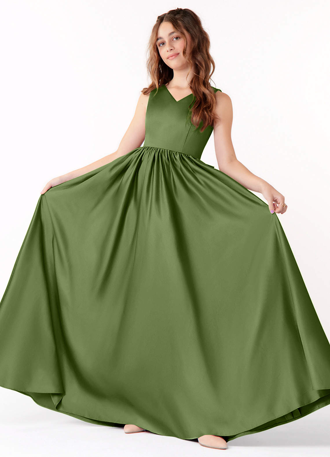 Azazie Hathaway Junior Juniper A-Line Bow Stretch Satin Dress image1