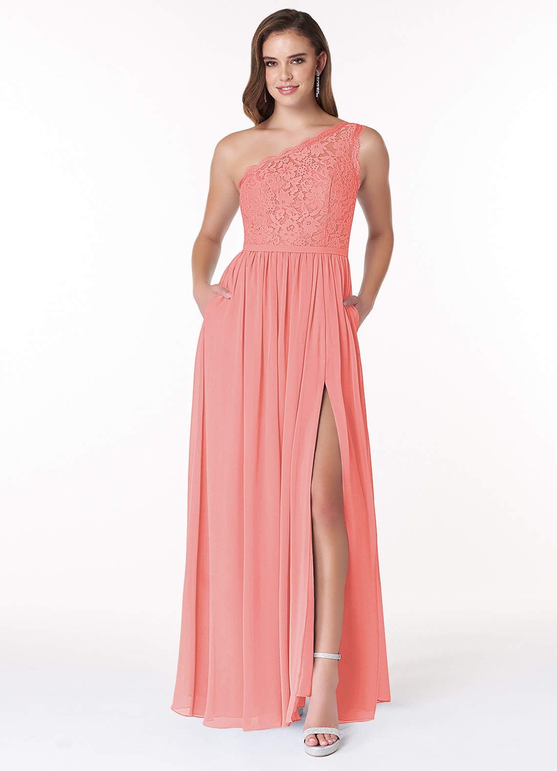 Azazie Demi Vestidos de damas de honor Vestido de Coral de Gasa de Corte en A con Hombro unilateral image1