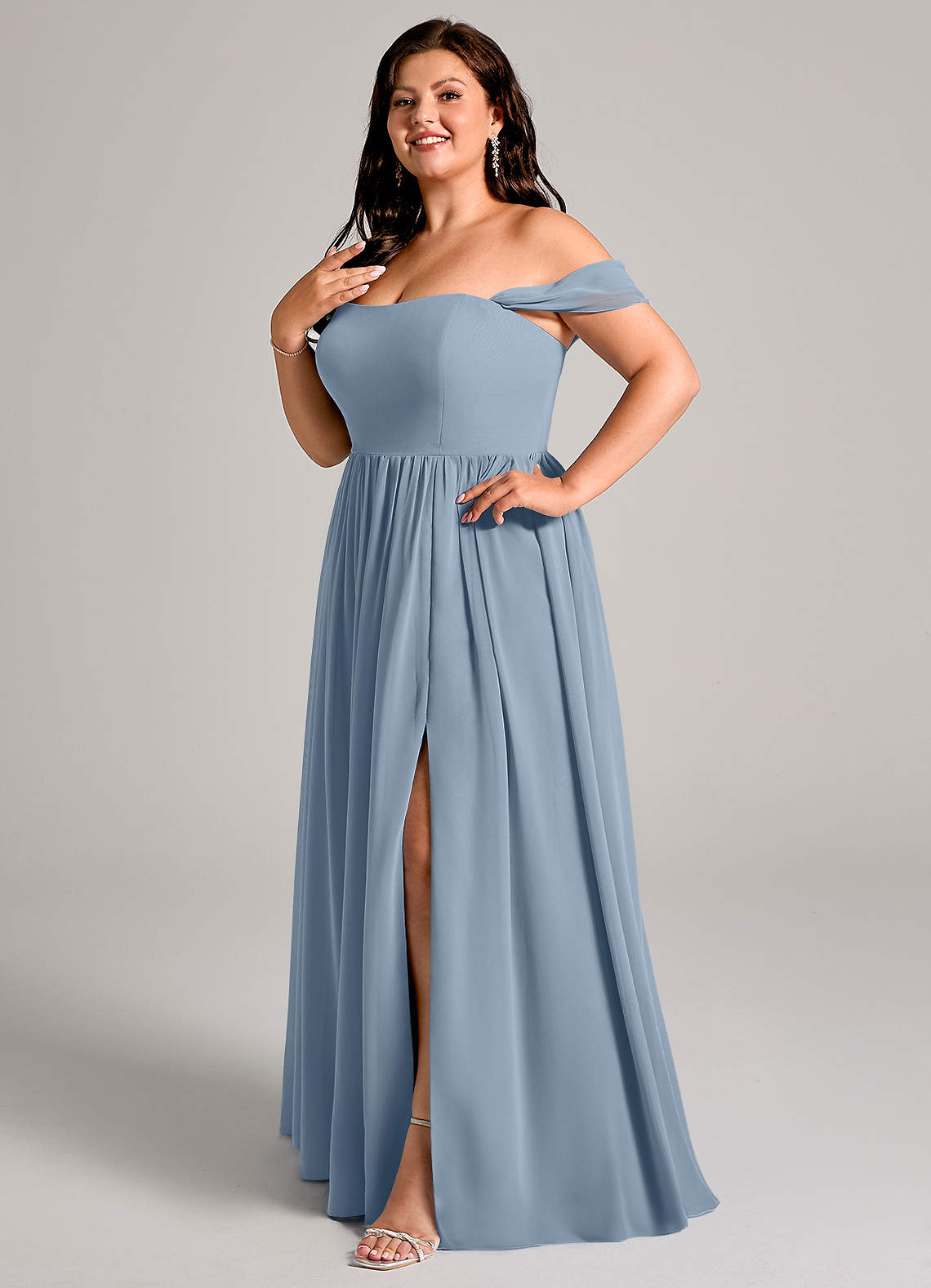 Azazie Calianna Bridesmaid Dresses Dusty Blue A-Line Off the Shoulder Chiffon Convertible Dress image1