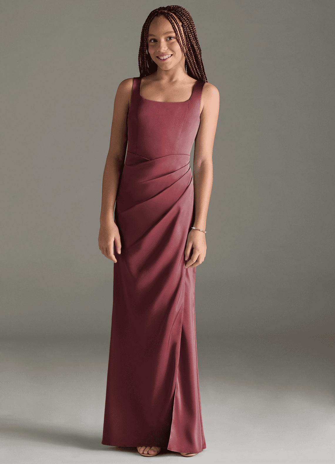 Azazie Mero Junior Merlot Mermaid Pleated Stretch Satin Dress image1