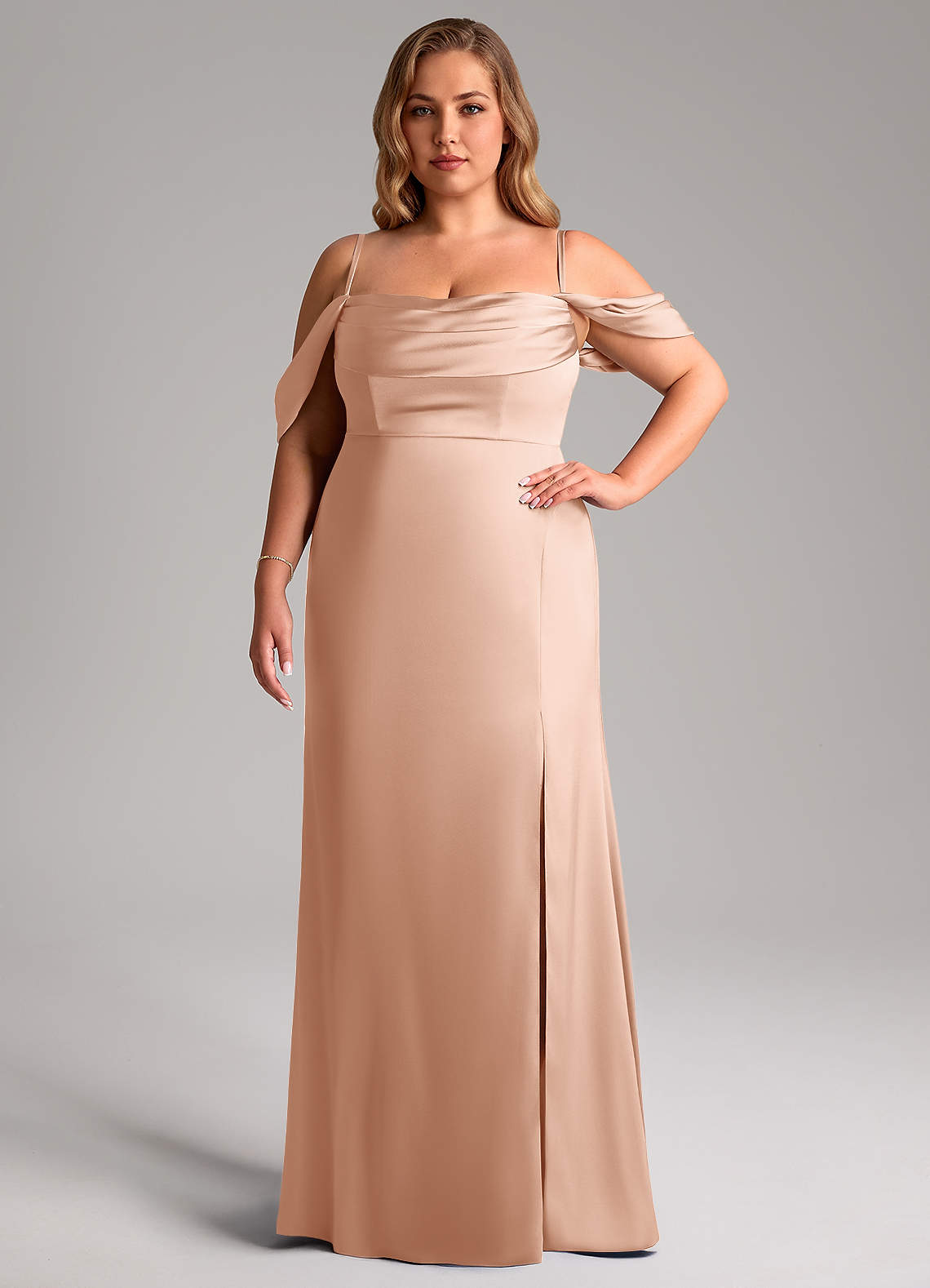 Azazie Saige Bridesmaid Dresses Rose Gold Sheath Off the Shoulder Stretch Satin Dress image14