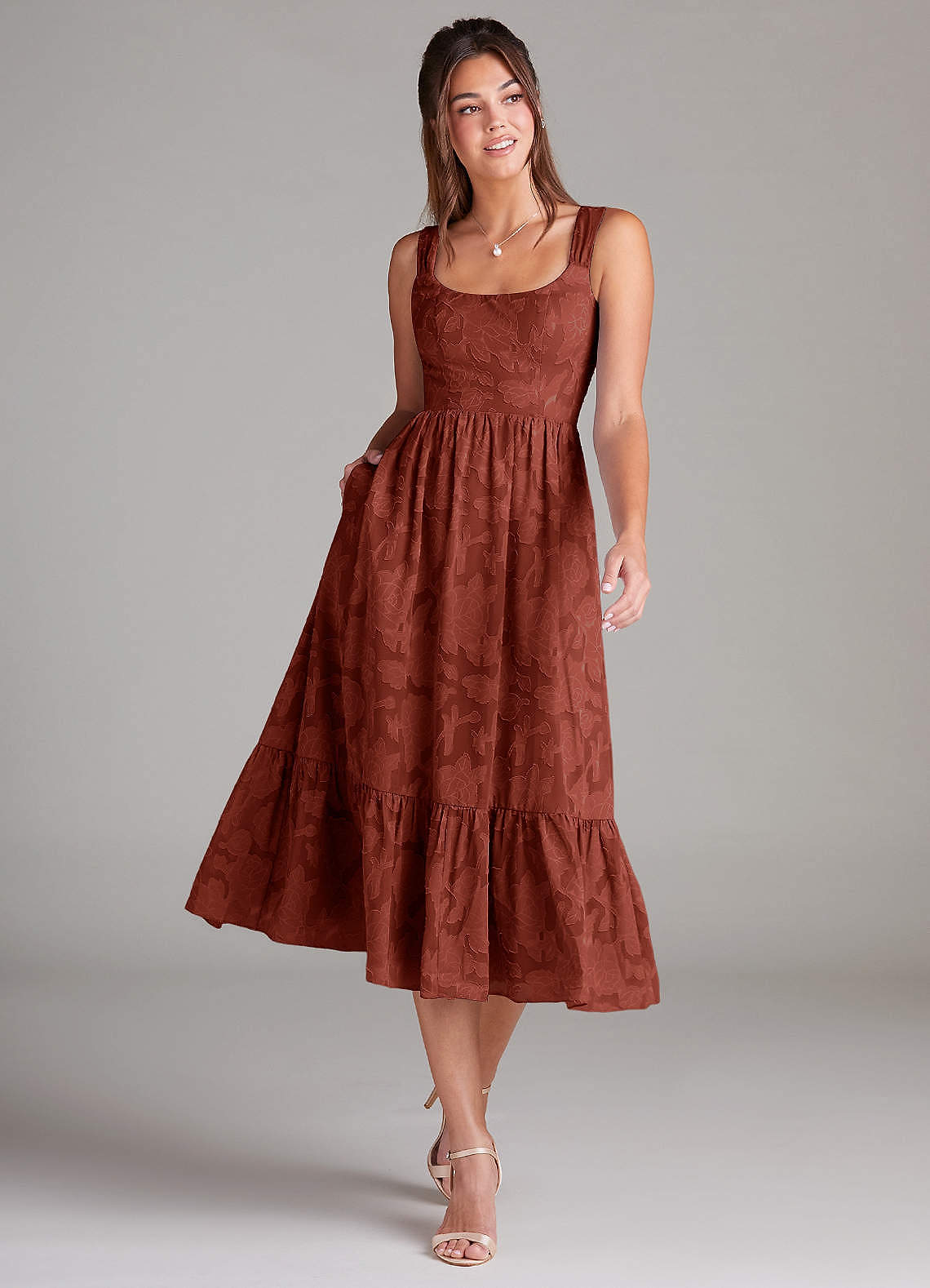 Azazie Alissa Bridesmaid Dresses Terracotta A-Line with Pockets Floral Burnout Dress image1