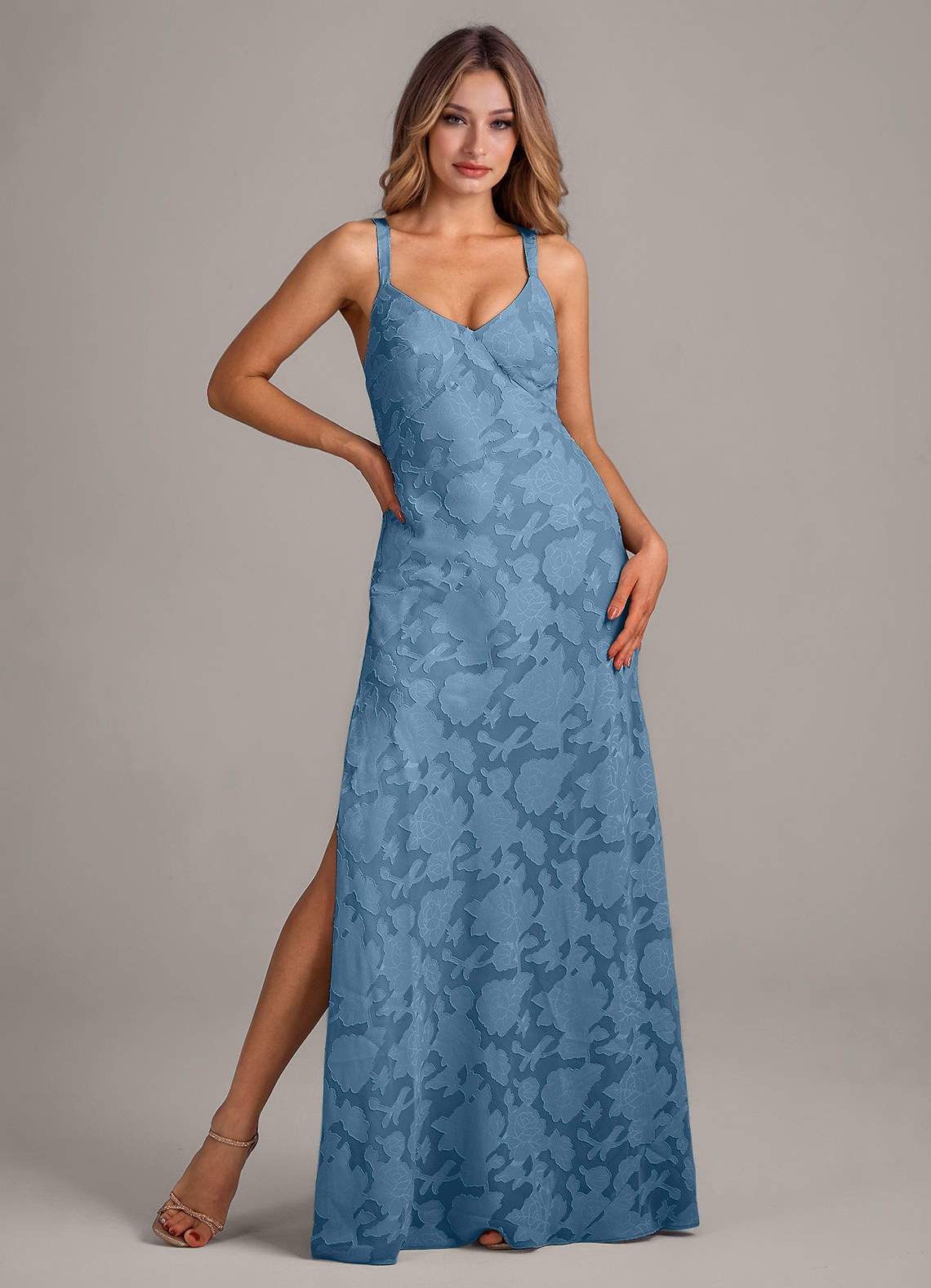 Azazie Aliza Ready to Ship Steel Blue Floral Burnout Bridesmaid Dresses |  Azazie