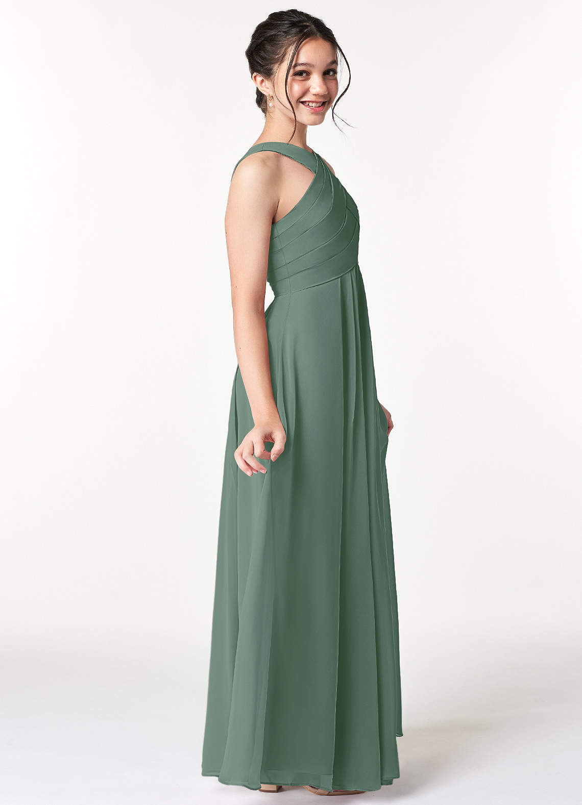 Azazie Kaleigh Junior Vestido Eucalipto de Chiffon de Linha A com Plissado image4