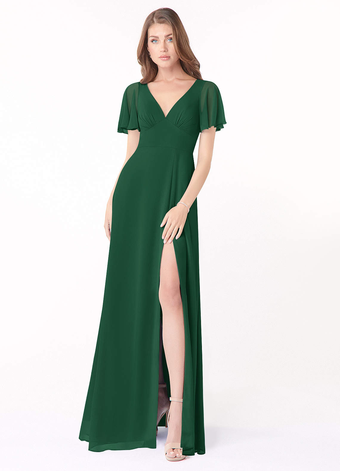 Azazie Kimber Bridesmaid Dresses Dark Green A-Line Flounce Sleeve Chiffon Dress image1