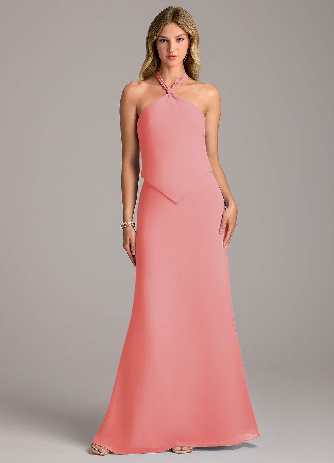 Azazie Keisha Bridesmaid Dresses Coral Sheath Chiffon Dress image1