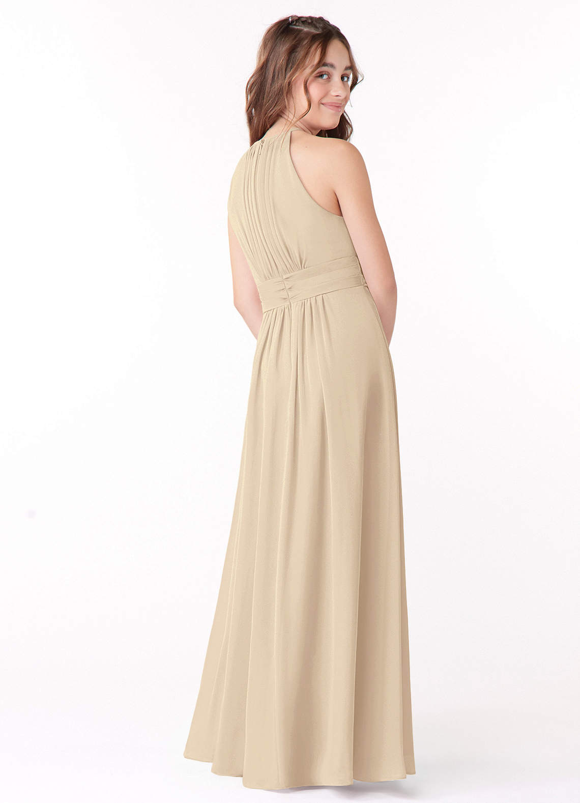Azazie Bonnie Junior Champagne A-Line Pleated Chiffon Dress image2