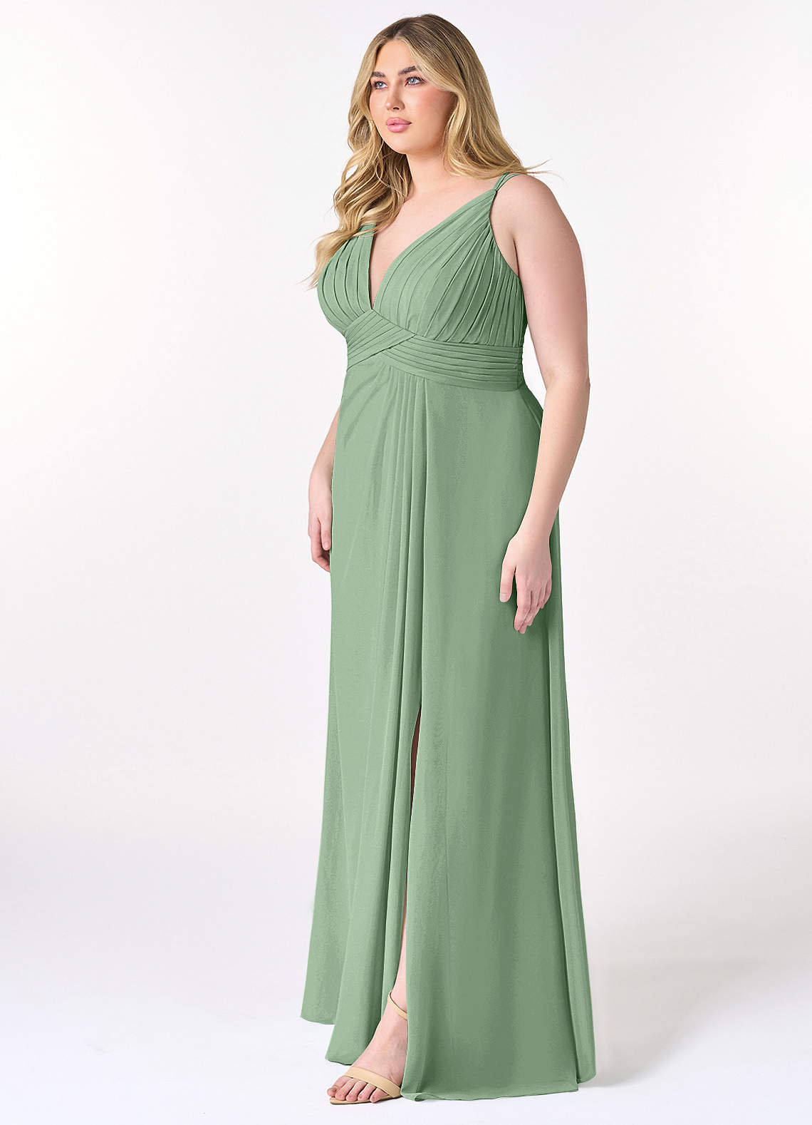 Azazie Maren Allure Brautjungfernkleider A-Linie V-Hals Spitze Chiffon Kleid Matcha image7