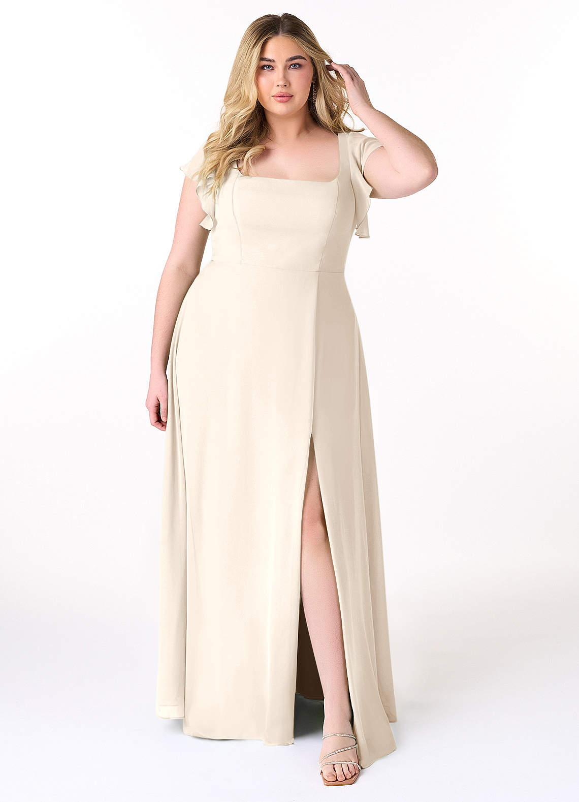 Azazie Bondi Vestidos de damas de honor Vestido Alabastro Blanco de Gasa de Línea A con Volantes image1