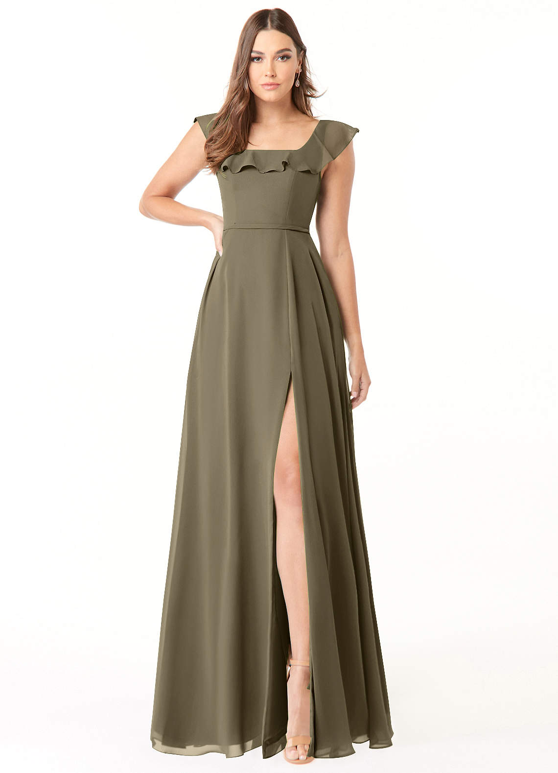 Azazie Jinny Bridesmaid Dresses Willow Green A-Line Square Neckline Ruched Chiffon Dress image1