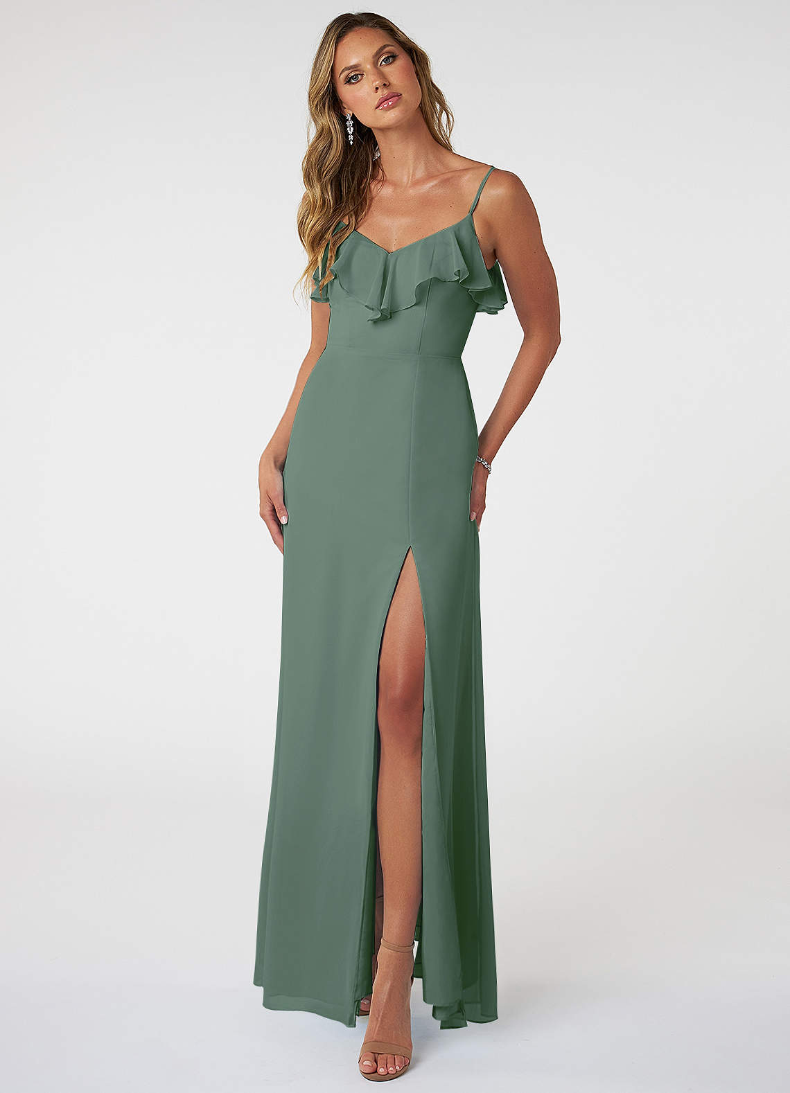 Azazie Natalia Bridesmaid Dresses Eucalyptus A-Line Chiffon Dress image1