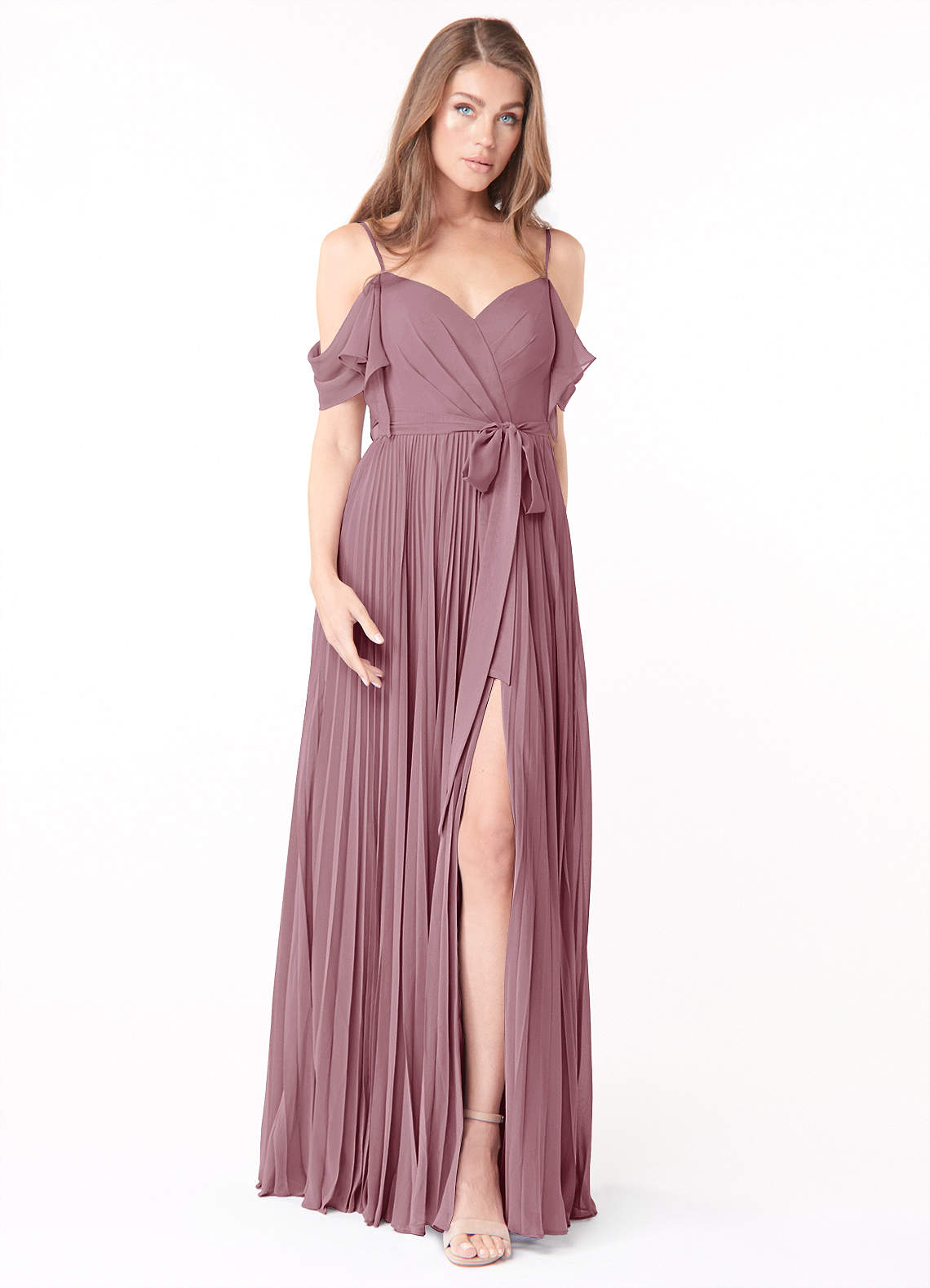 Azazie Lyney Bridesmaid Dresses Vintage Mauve A-Line Off the Shoulder Chiffon Dress image1