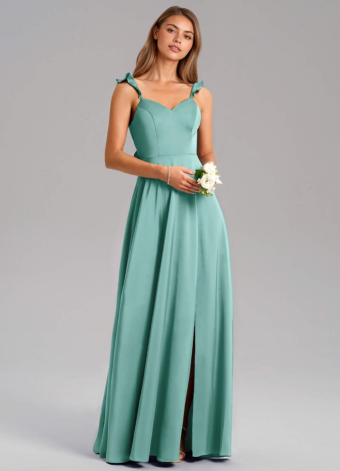 Azazie Everett Bridesmaid Dresses Aqua A-Line Stretch Satin Dress image1