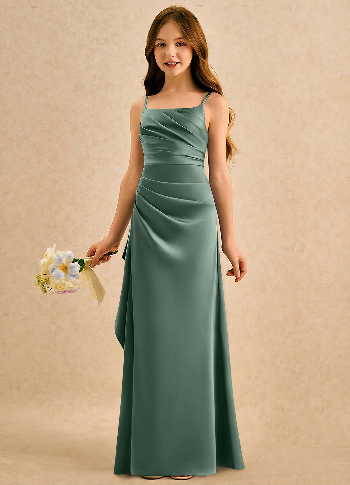 Azazie Cannoli Girls Formal Blumenmädchenkleider A-Linie Plissee Matte Satin Kleid Eukalyptus image4