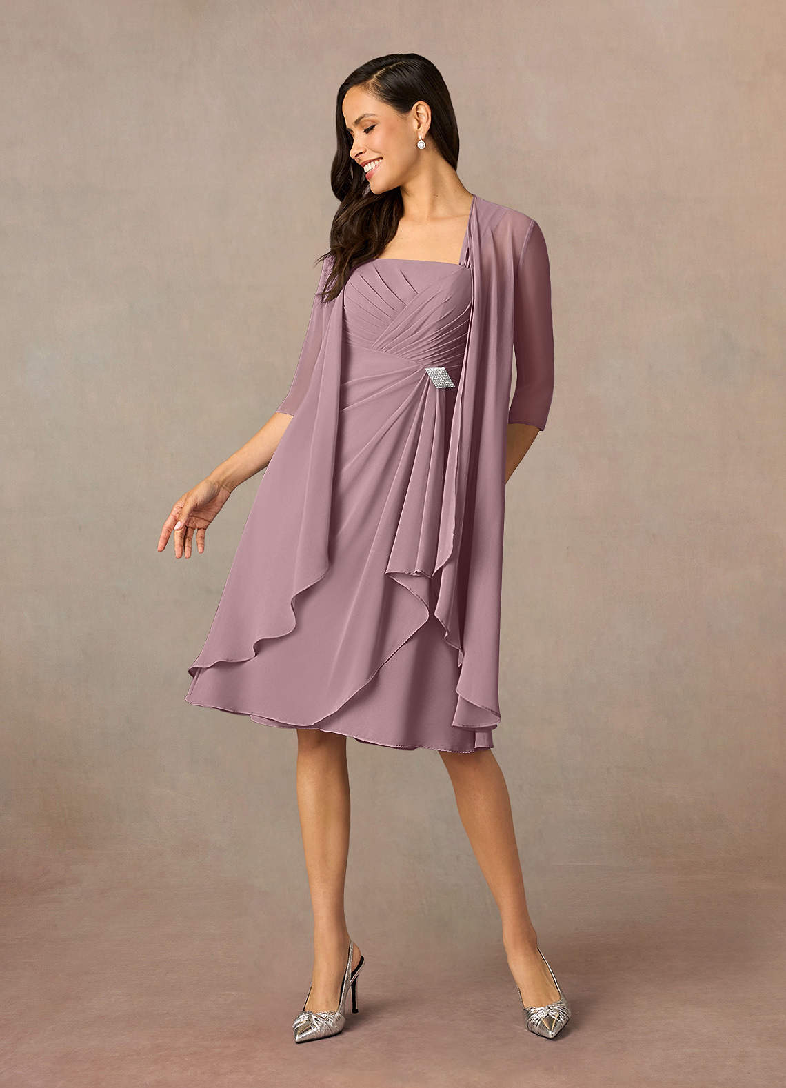 Azazie Olivia Abiti per la Madre della Sposa Abito A-Line in Chiffon Plissettato con Scollo Quadrato Rosa Polverosa image1