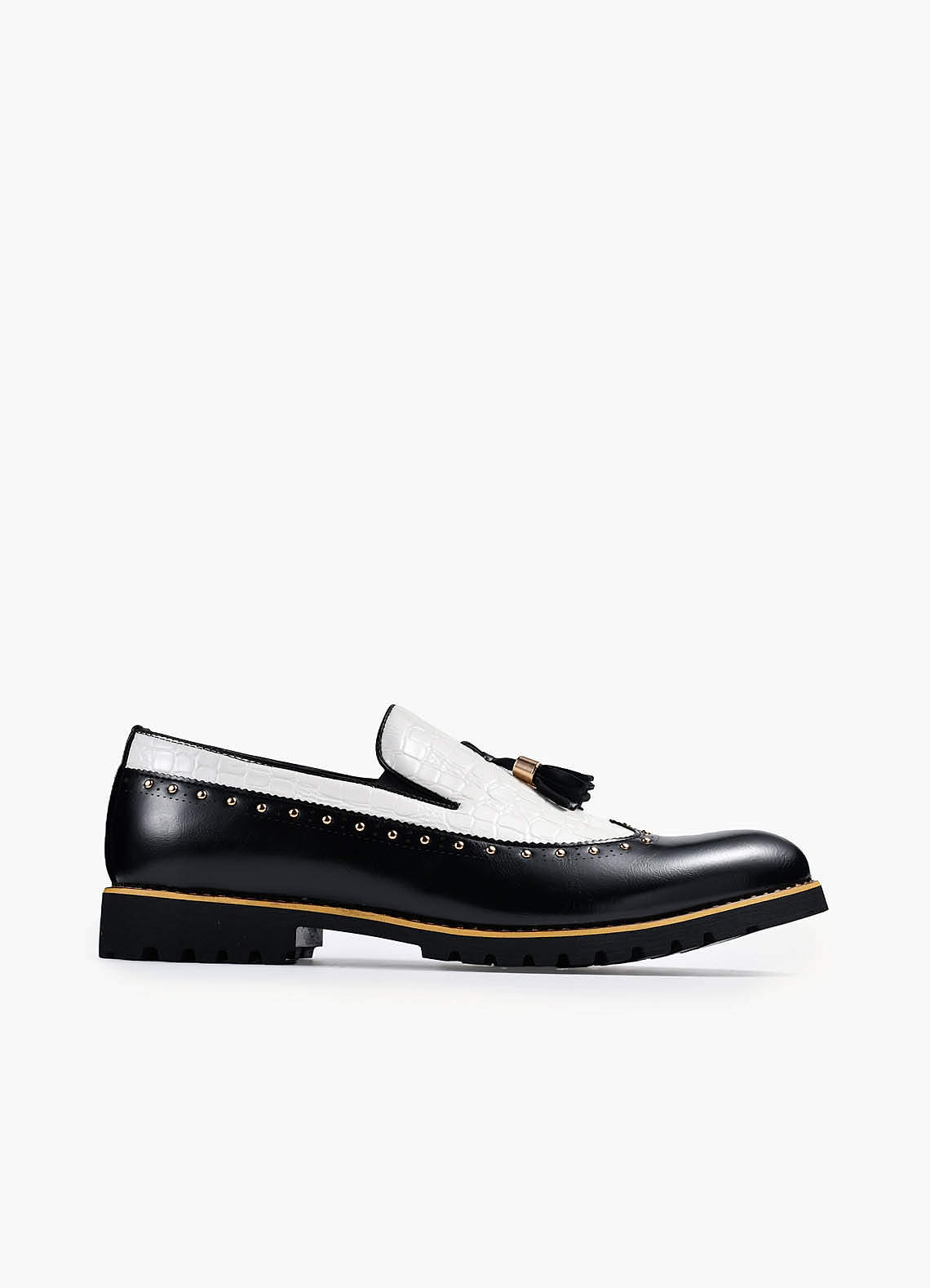 front Men's Mixed Leather Tassel Studded Loafers