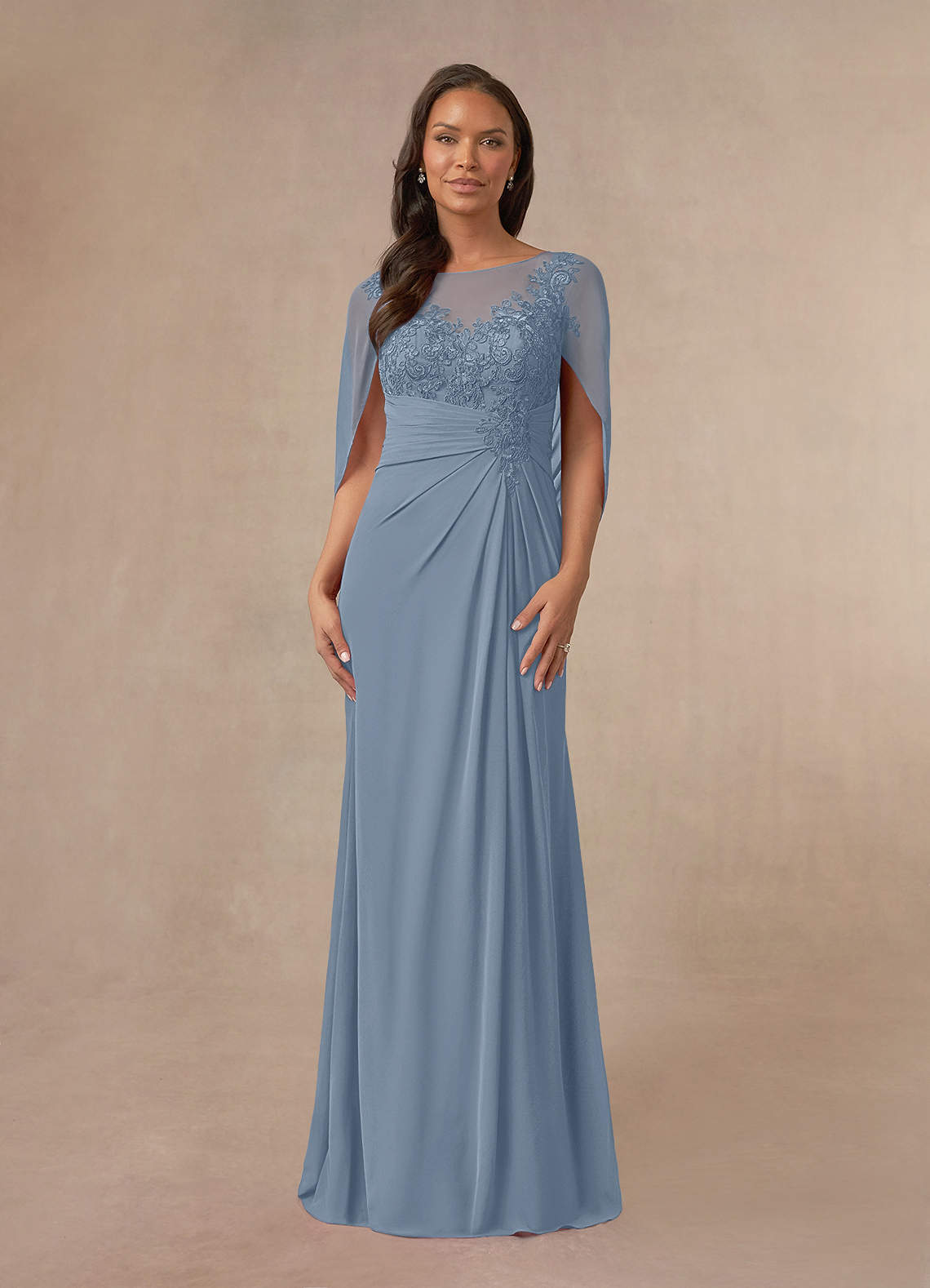 Azazie Hera Mother of the Bride Dresses Dusty Blue A-Line Lace Capelet Chiffon Dress image6