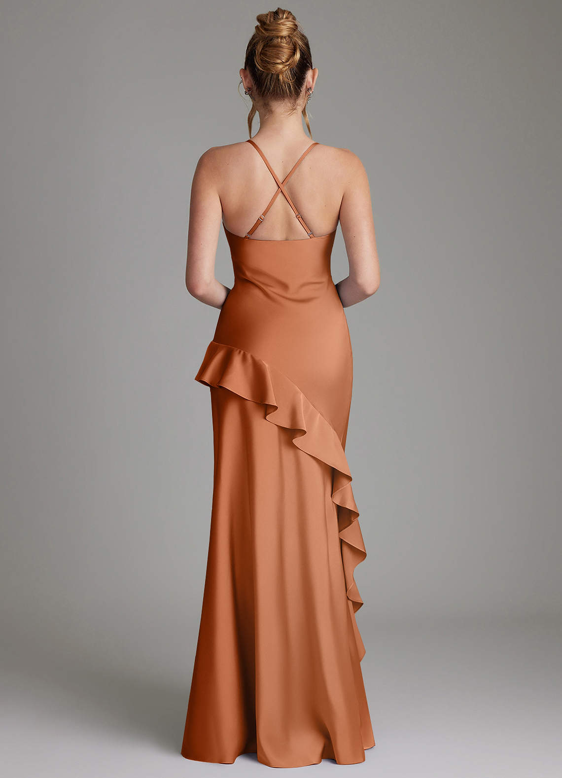 Azazie Jayda Robes de demoiselle d'honneur Robe Trapèze en Satin extensible Rayé Cuivre image1