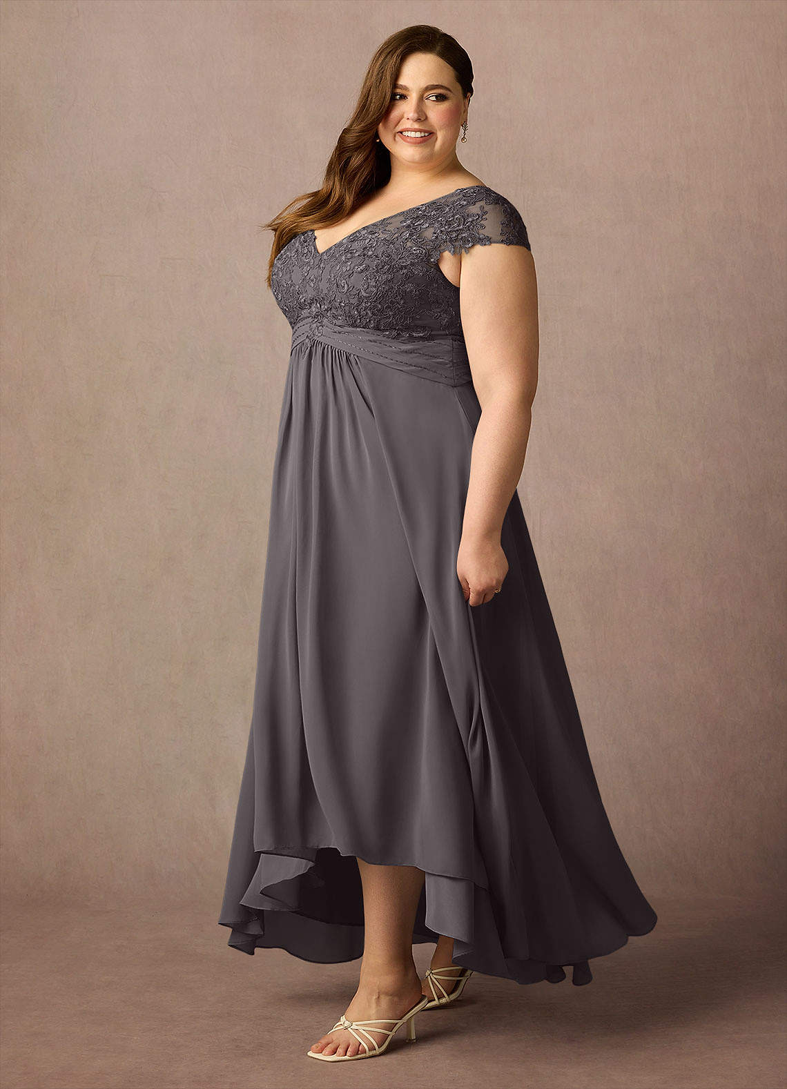 Azazie Irmeli Steel Grey A-Line Lace Chiffon Dress | Azazie
