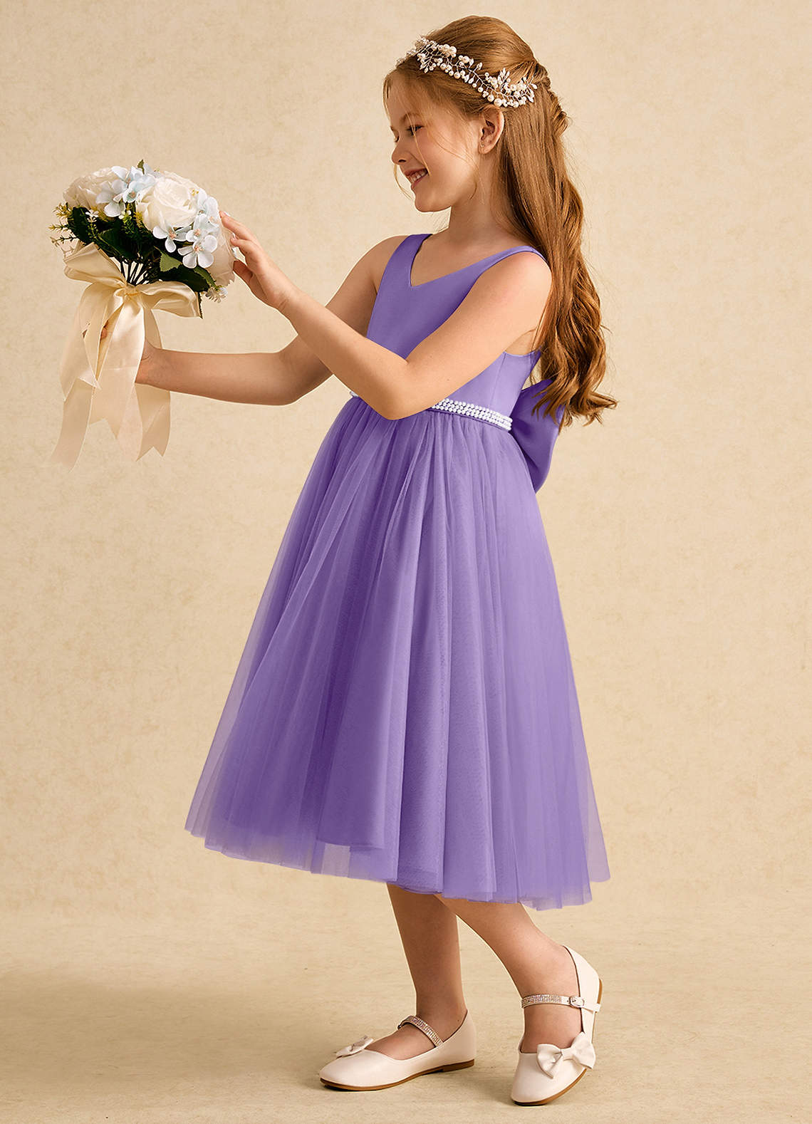 Azazie Firefly vestidos de niña de las flores Vestido de Tahití de Satin Mate de Corte En A con Lazo image1