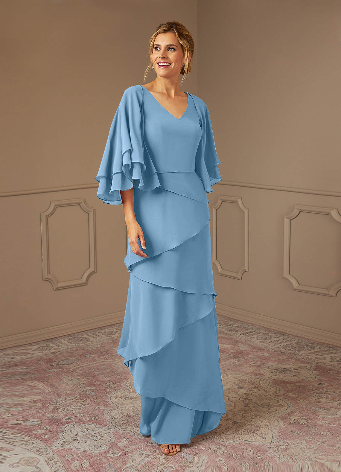 Azazie OHara Abiti per la Madre della Sposa Abito A-Line in Chiffon con Scollo a V Blu Acciaio image1