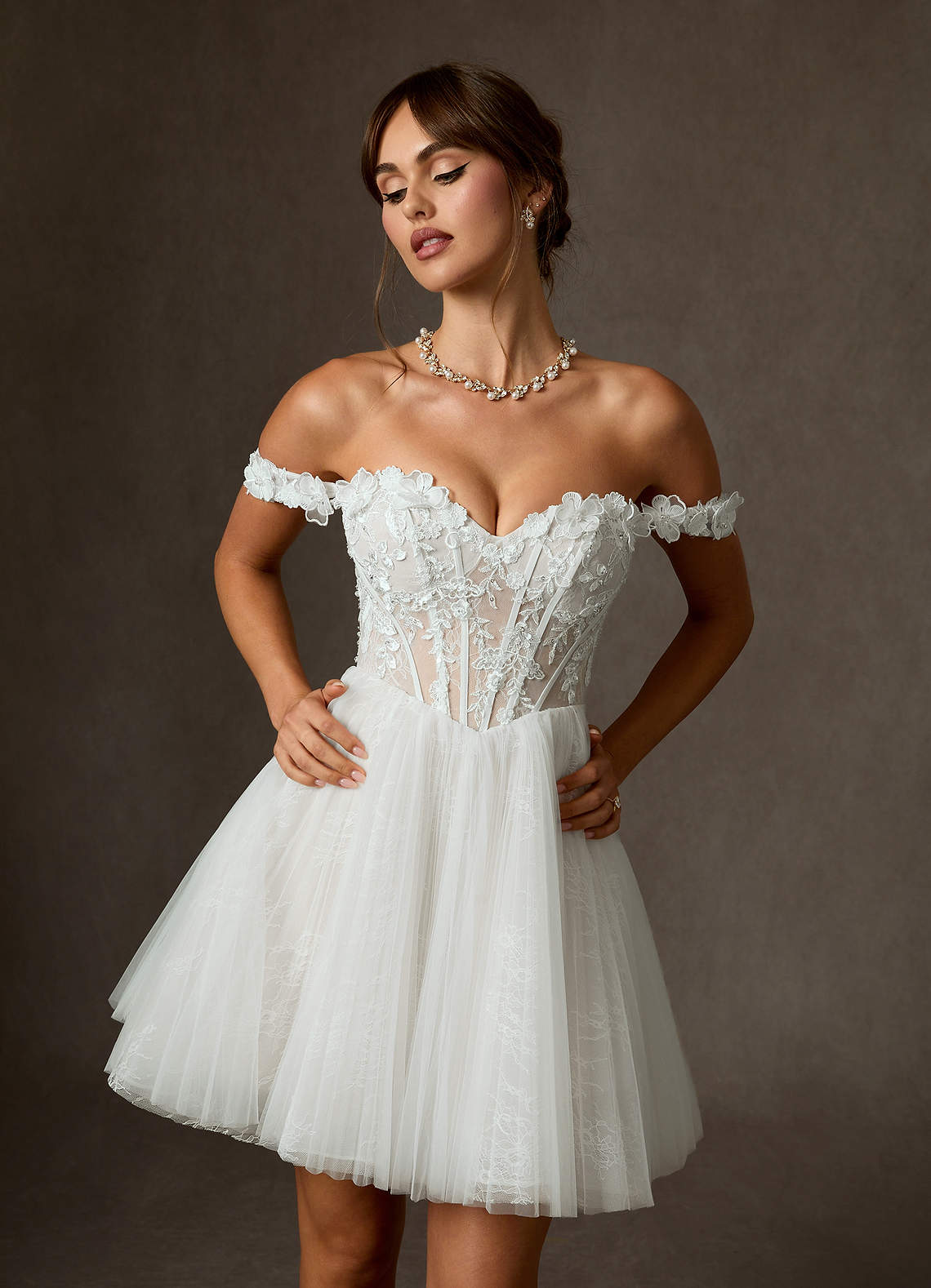 Azazie Sorel Wedding Dresses Diamond White Ball-Gown Off the Shoulder Lace Dress image4