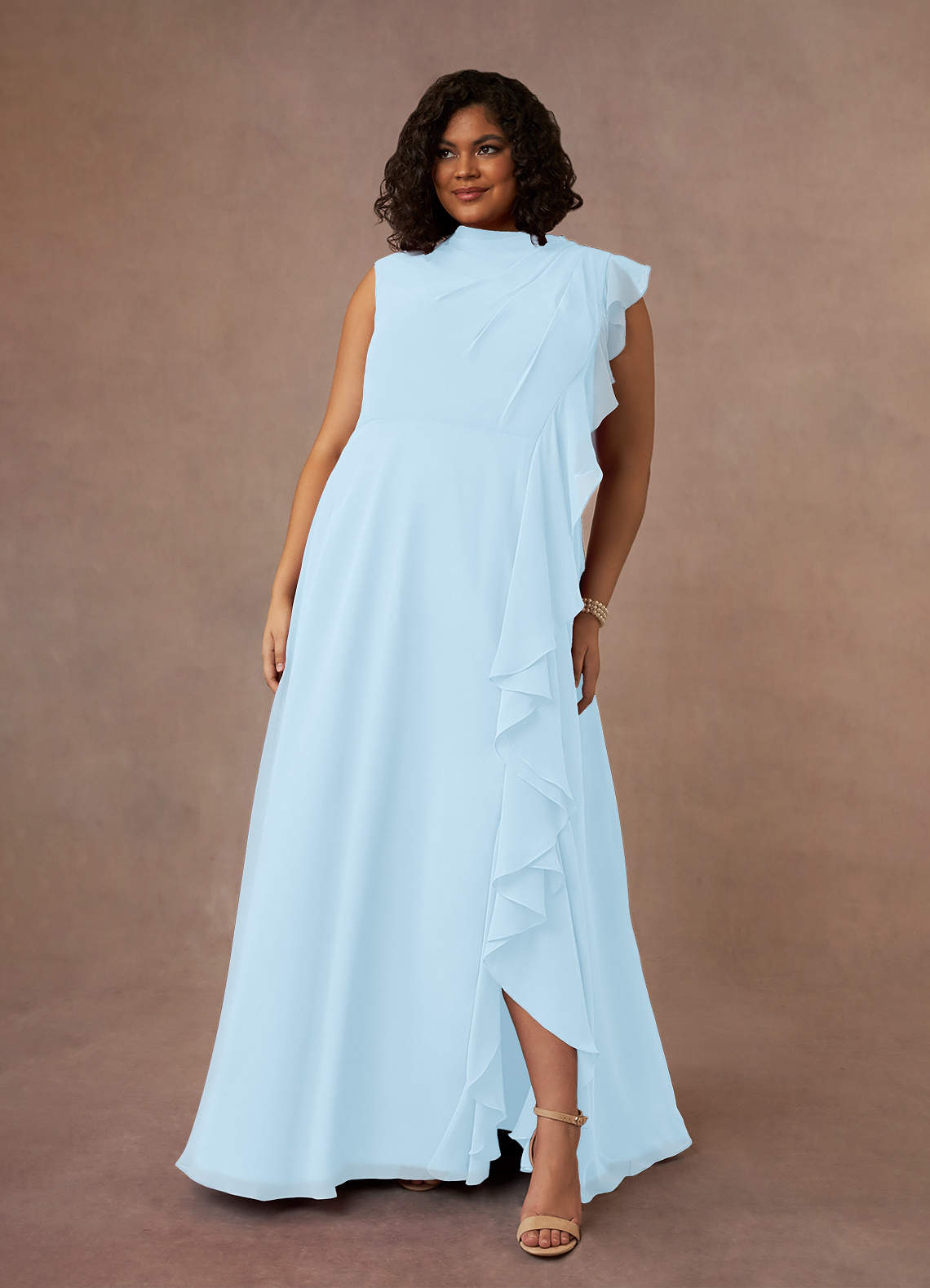 Azazie Narine vestidos de madre de la novia Vestido Azul Cielo de Gasa de Corte en A con Cuello alto plisado image1