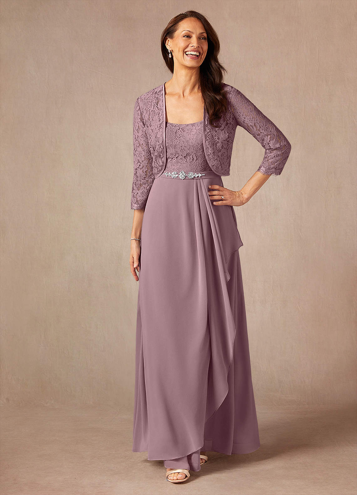 Azazie Ainsling Abiti per la Madre della Sposa Abito A-Line in Chiffon in Pizzo con Scollo Quadrato Rosa Polverosa image1