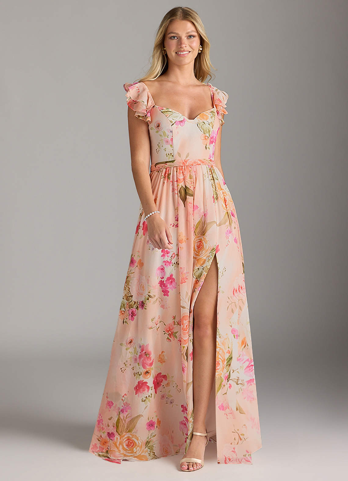 Azazie Nalin Bridesmaid Dresses Abstract Bouquet Floral A-Line Ruched Chiffon Dress image1