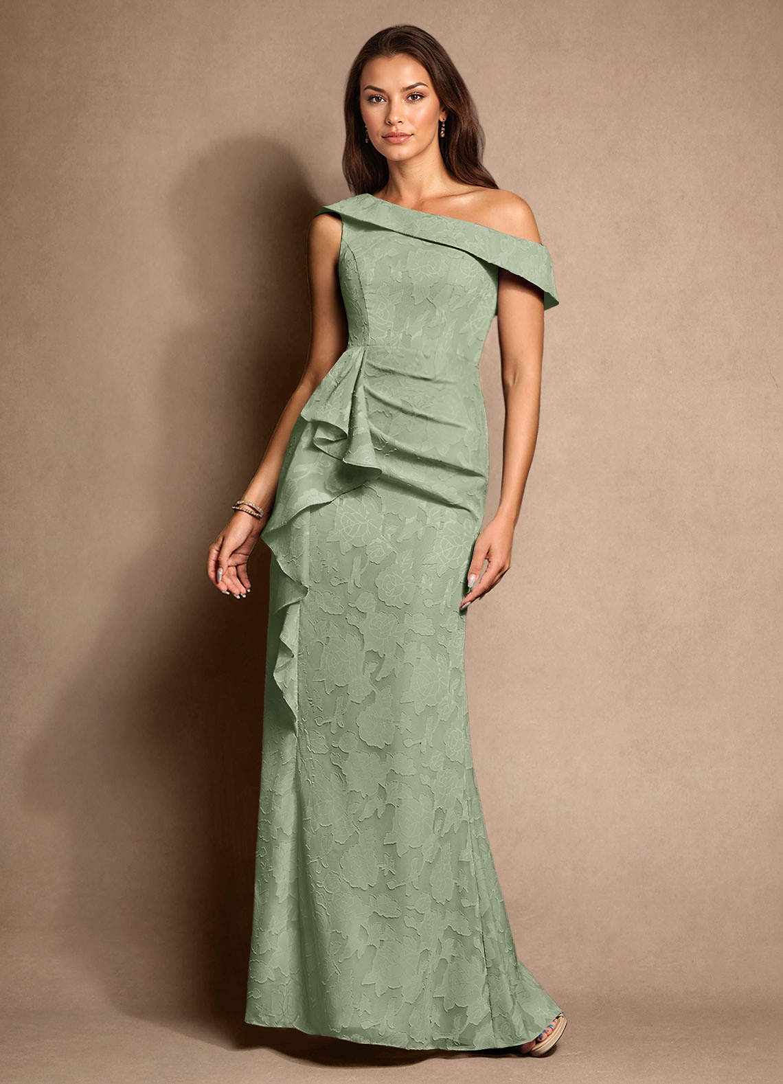 Azazie Hamptons Mother of the Bride Dresses Dusty Sage A-Line Pleated Floral Burnout Dress image1