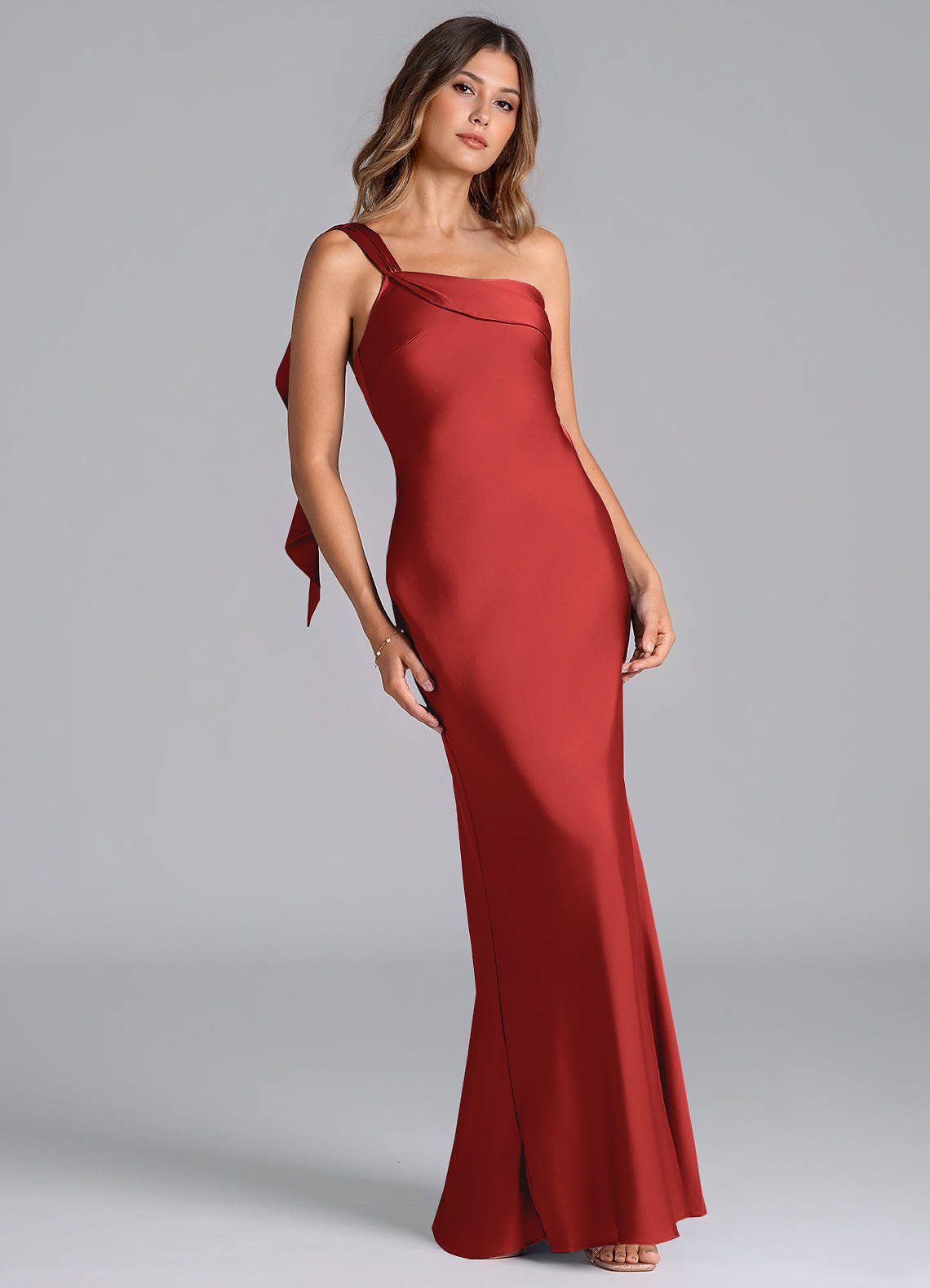 Azazie Driea Bridesmaid Dresses Pomegranate Mermaid One Shoulder Stretch Satin Dress image1